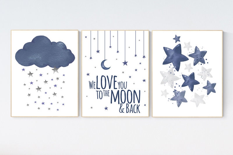 Nursery decor boy navy blue, nursery wall art boy, navy nursery decor, cloud, moon and stars, navy blue nursery art, nursery prints boy