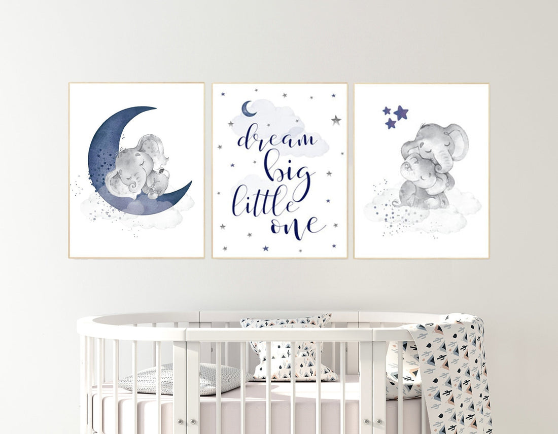 Nursery decor elephant, nursery decor boy navy blue, dream big little one, moon and stars, navy blue nursery art. baby room art, elephant