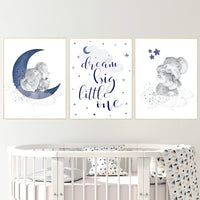Nursery decor elephant, nursery decor boy navy blue, dream big little one, moon and stars, navy blue nursery art. baby room art, elephant