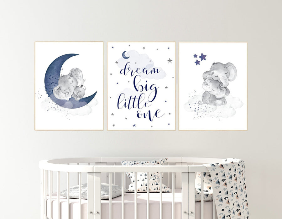 Nursery decor elephant, nursery decor boy navy blue, dream big little one, moon and stars, navy blue nursery art. baby room art, elephant