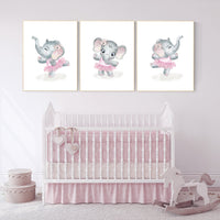 Elephant nursery art, ballerina elephant, baby room decor girl, nursery prints girl, elephant nursery print, pink and gray, ballet theme