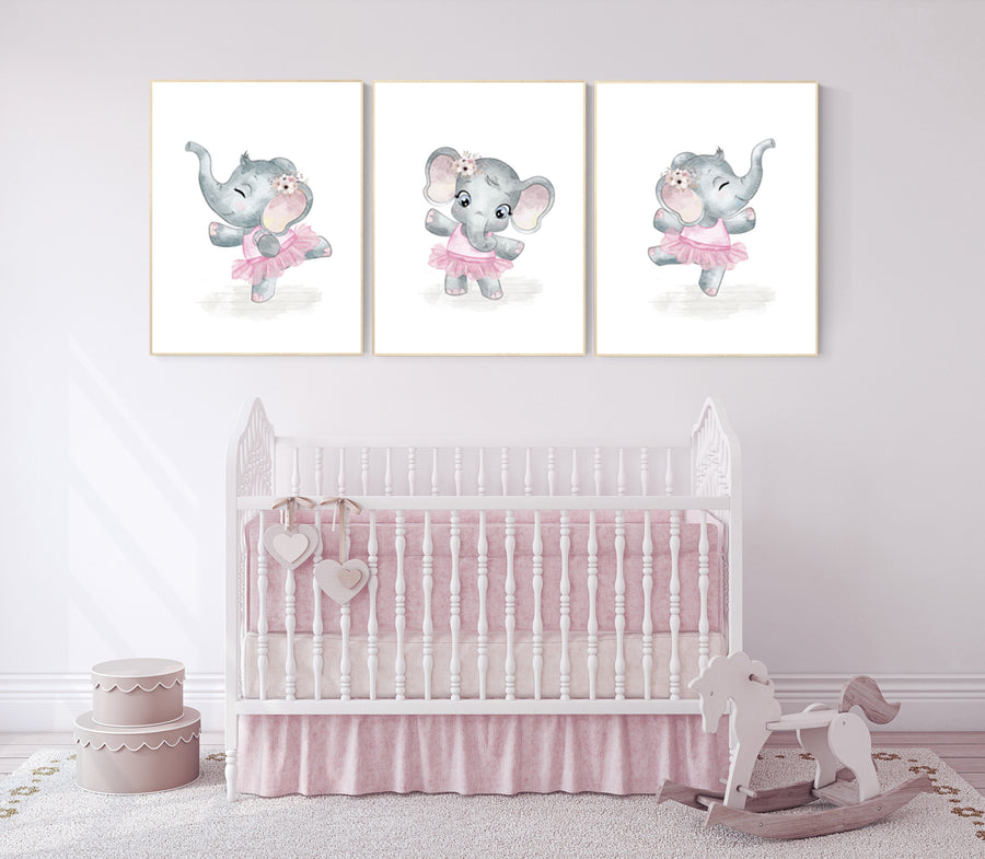 Elephant nursery art, ballerina elephant, baby room decor girl, nursery prints girl, elephant nursery print, pink and gray, ballet theme