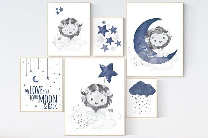 Nursery decor boy lion, boy nursery decor, moon and stars, navy nursery, boy nursery, we love you to the moon and back