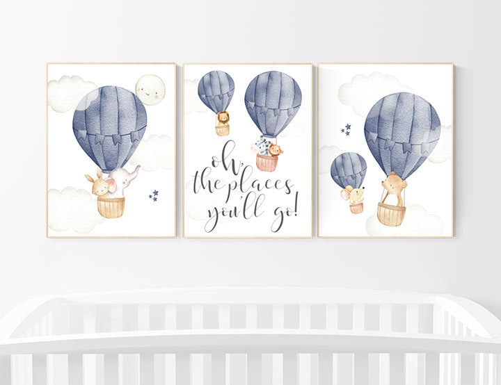 Hot air balloon nursery, Nursery decor boy, navy blue, travel theme, elephant, bear, lion, monkey, bunny, travel nursery, woodland animals