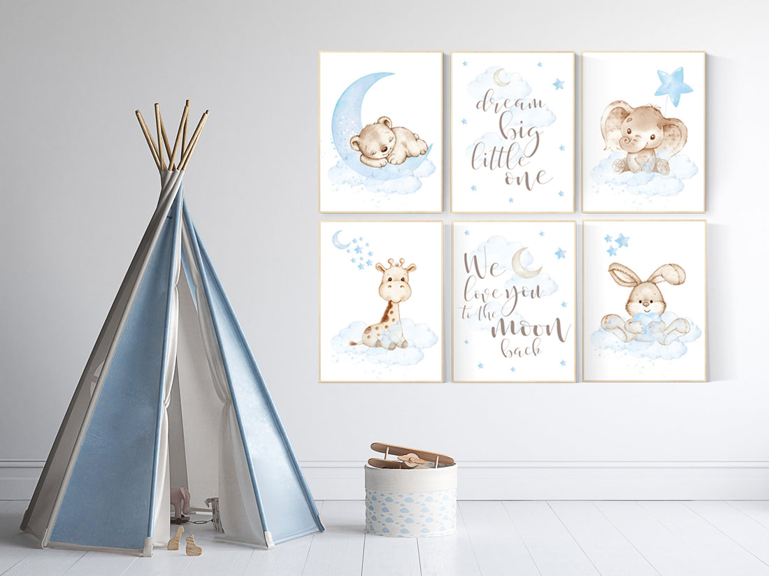 Animal nursery, Nursery decor boy elephant, bunny nursery art, blue, bear nursery, giraffe baby room wall art, boy room, navy gray grey