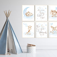 Animal nursery, Nursery decor boy elephant, bunny nursery art, blue, bear nursery, giraffe baby room wall art, boy room, navy gray grey