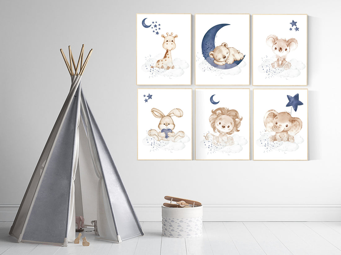 Animal nursery wall art, Nursery decor boy , elephant, bunny, bear, giraffe, lion, koala, baby room art, navy blue nursery, animal prints