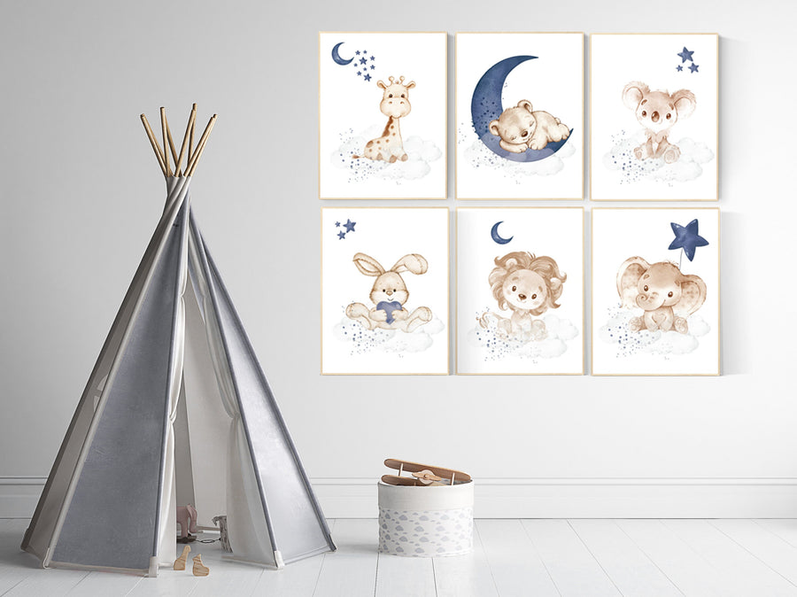 Animal nursery wall art, Nursery decor boy , elephant, bunny, bear, giraffe, lion, koala, baby room art, navy blue nursery, animal prints