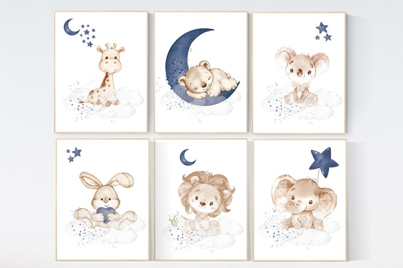 Animal nursery wall art, Nursery decor boy , elephant, bunny, bear, giraffe, lion, koala, baby room art, navy blue nursery, animal prints