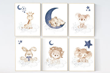 Animal nursery wall art, Nursery decor boy , elephant, bunny, bear, giraffe, lion, koala, baby room art, navy blue nursery, animal prints