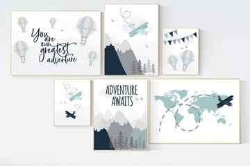 Adventure nursery decor, nursery decor boy adventure, nursery decor boy airplane, world map nursery, adventure awaits, hot air balloon