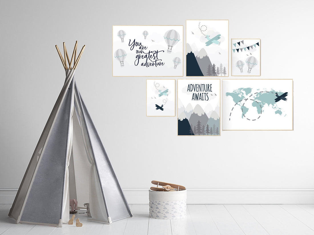 Adventure nursery decor, nursery decor boy adventure, nursery decor boy airplane, world map nursery, adventure awaits, hot air balloon