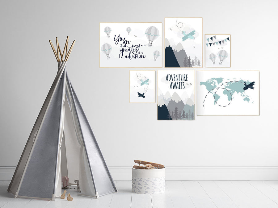Adventure nursery decor, nursery decor boy adventure, nursery decor boy airplane, world map nursery, adventure awaits, hot air balloon