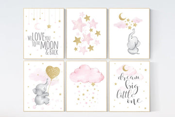 We love you to the moon and back, giraffe elephant, Pink gold nursery, girl room wall art, moon nursery, Nursery decor girl, baby room print