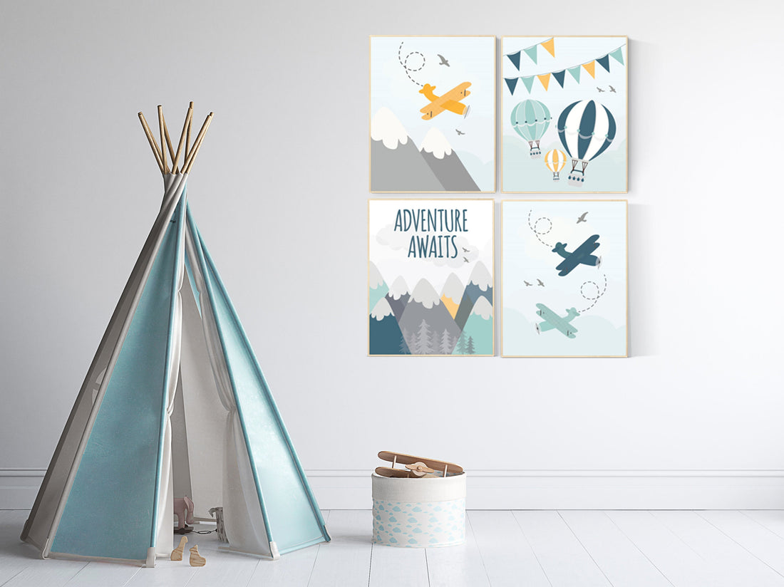 nursery decor boy mountain, adventure awaits, nursery prints neutral, hot air balloon, mountain wall art nursery, gender neutral, planes