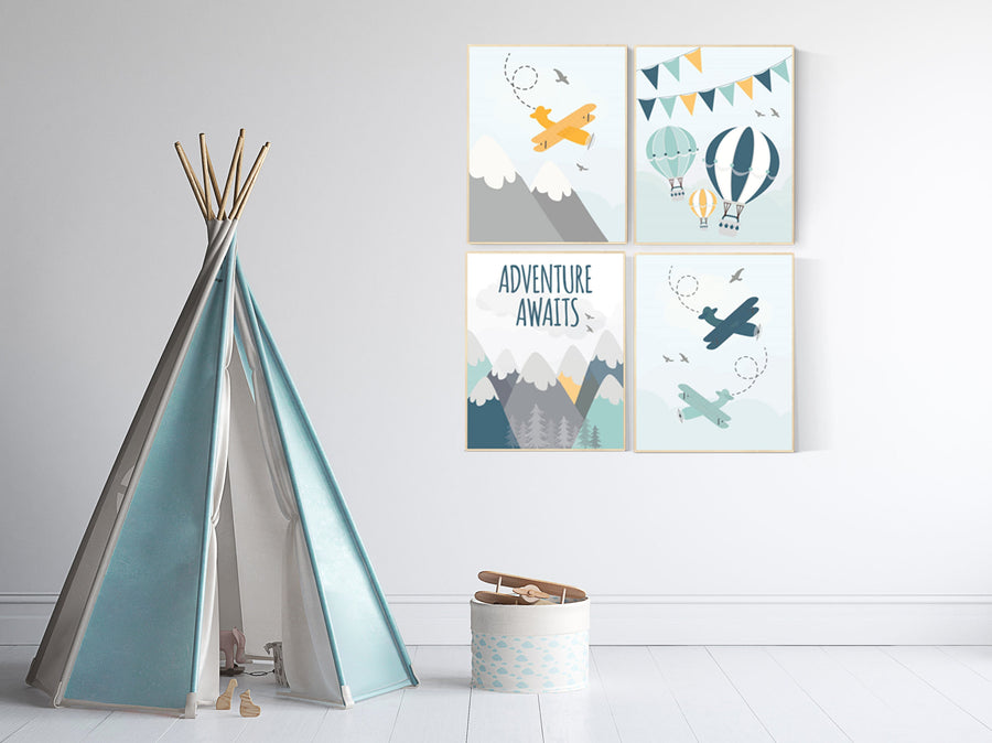 nursery decor boy mountain, adventure awaits, nursery prints neutral, hot air balloon, mountain wall art nursery, gender neutral, planes