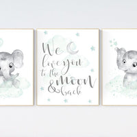 Nursery art elephant, nursery pictures, baby room pictures, gender neutral, nursery decor neutral, mint green nursery, mint green, elephant