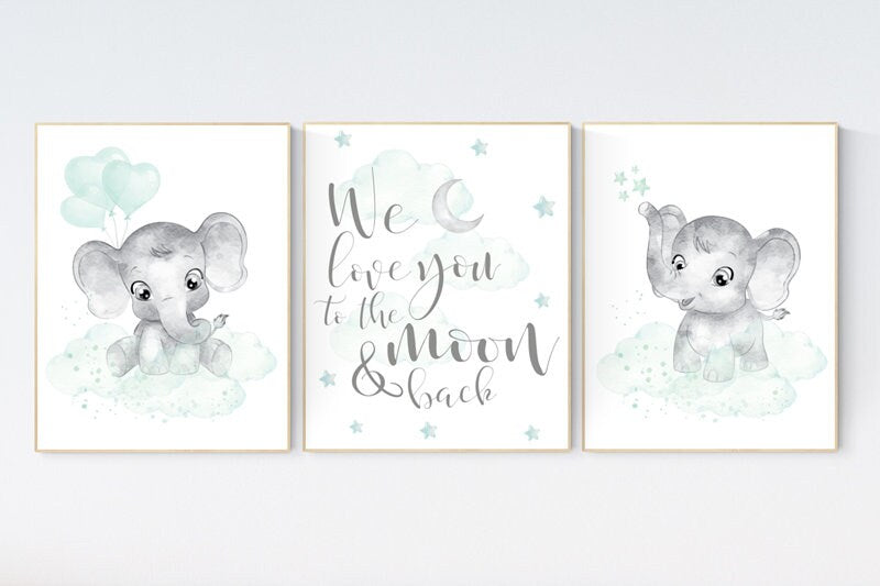 Nursery art elephant, nursery pictures, baby room pictures, gender neutral, nursery decor neutral, mint green nursery, mint green, elephant