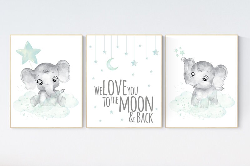 Baby room wall decor, Mint and grey nursery, Elephant theme, baby room pictures, gender neutral, mint green, unisex nursery ideas themes