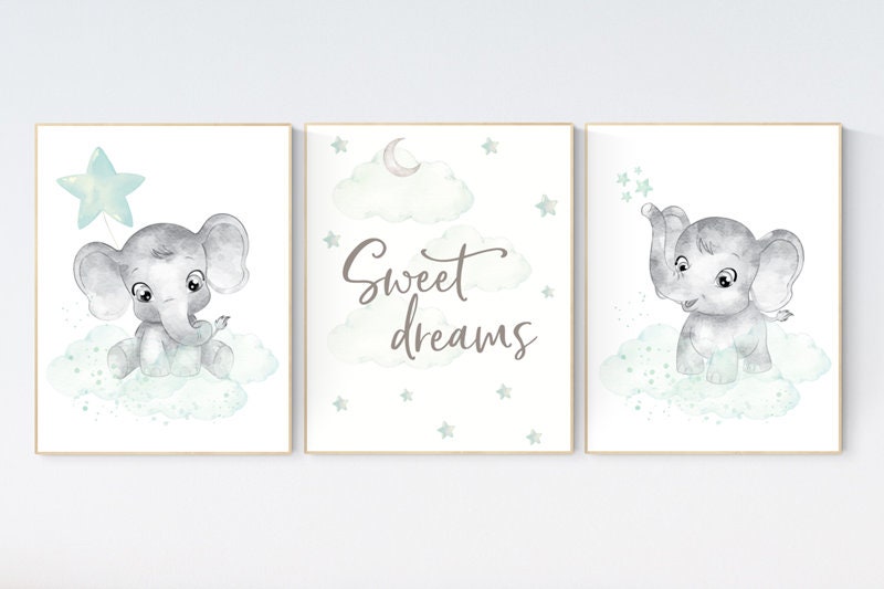 Baby room wall decor, Mint and grey nursery, Elephant theme, baby room pictures, gender neutral, mint green, gender neutral nursery ideas