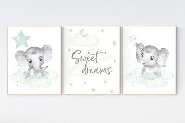 Nursery decor elephant, sweet dreams, Mint and grey nursery, Elephant theme, gender neutral, mint green, gender neutral nursery ideas