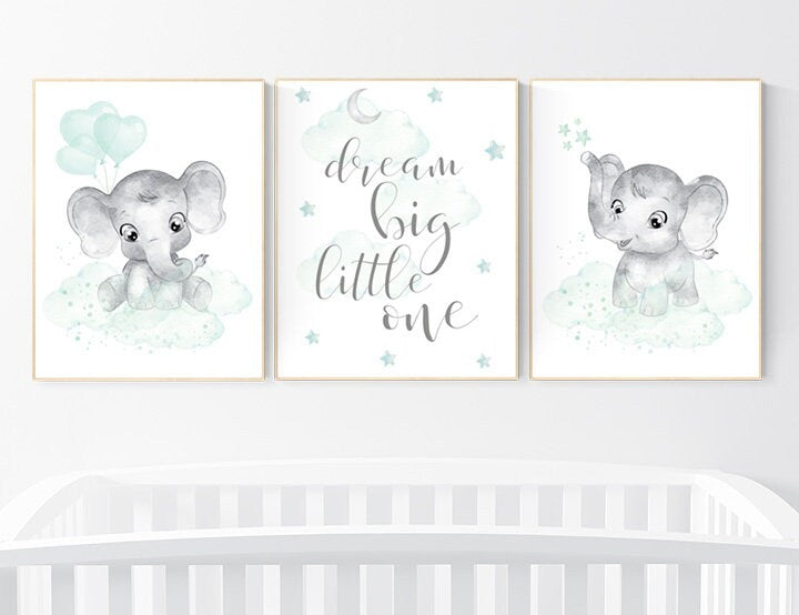Nursery wall art gender neutral, nursery decor neutral, mint green nursery, elephant nursery decor, mint green elephant animal print nursery