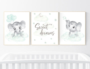 Nursery wall art gender neutral, nursery decor neutral, mint green nursery, baby room decor stars and moon, mint green elephant animal print
