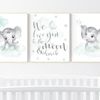 Nursery art elephant, nursery pictures, baby room pictures, gender neutral, nursery decor neutral, mint green nursery, mint green, elephant