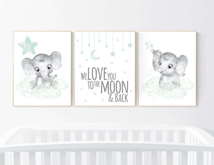 Baby room wall decor, Mint and grey nursery, Elephant theme, baby room pictures, gender neutral, mint green, unisex nursery ideas themes