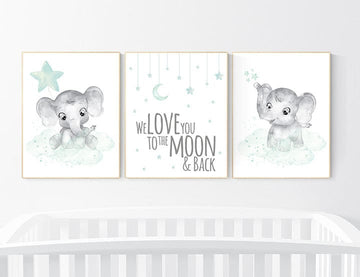 Baby room wall decor, Mint and grey nursery, Elephant theme, baby room pictures, gender neutral, mint green, unisex nursery ideas themes