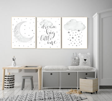 Nursery wall art black and white, gray nursery, nursery decor neutral, baby room decor gender neutral cloud and stars, dream big little one