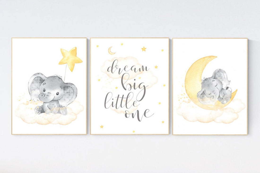 Yellow nursery wall art, nursery wall art elephant, moon and stars, gender neutral, yellow and gray nursery art, baby room decor, neutral