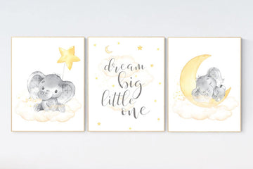 Yellow nursery wall art, nursery wall art elephant, moon and stars, gender neutral, yellow and gray nursery art, baby room decor, neutral