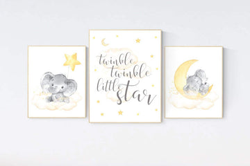 Yellow nursery wall art, nursery wall art elephant, moon and stars, gender neutral, yellow and gray nursery art, baby room decor, neutral