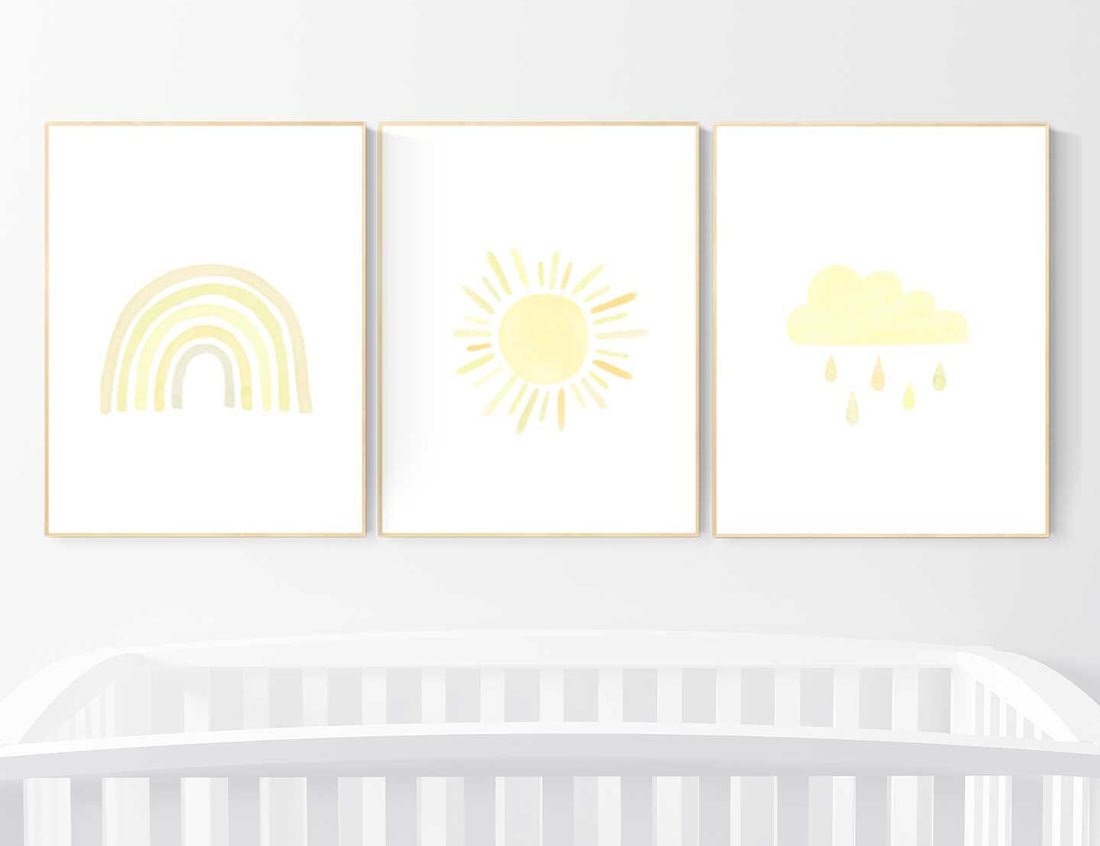 Nursery prints rainbow, Nursery decor gender neutral, nursery wall art neutral, yellow nursery, moon star, cloud, nursery wall art, rainbow