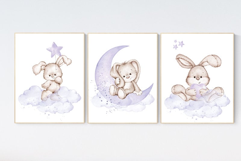 Nursery decor girl bunny, Purple nursery decor, Nursery decor girl flower bunny, lilac, lavender, bunny print nursery girl, rabbit print