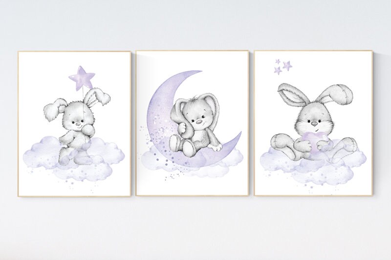 Bunny nursery wall art, Purple nursery decor, Nursery decor girl flower bunny, lilac, lavender, bunny print nursery girl, rabbit print