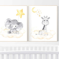 Baby room wall art neutral, nursery decor elephant, giraffe nursery, neutral nursery wall art, yellow nursery, gender neutral nursery art