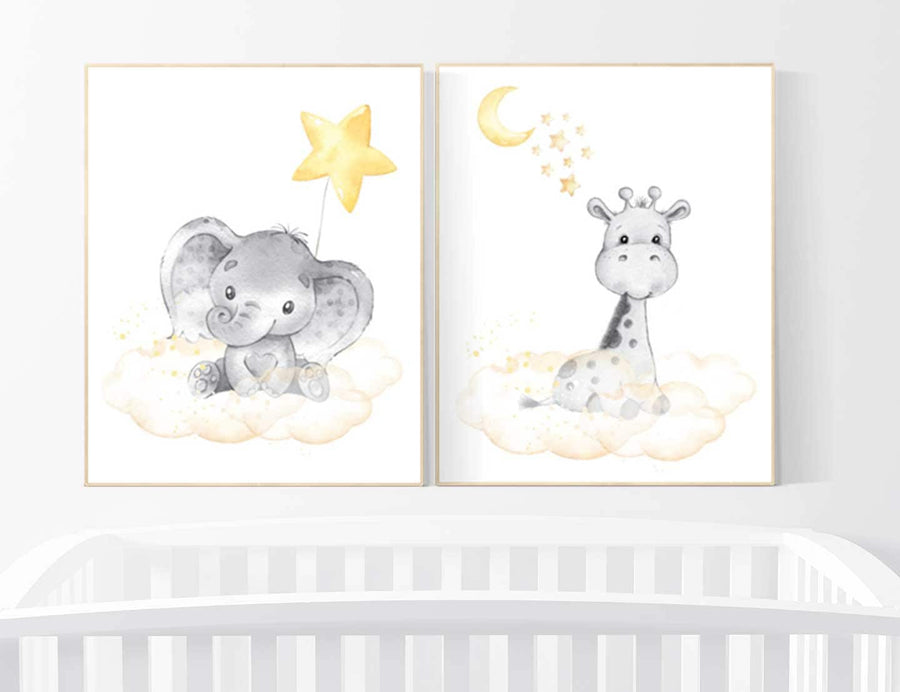 Baby room wall art neutral, nursery decor elephant, giraffe nursery, neutral nursery wall art, yellow nursery, gender neutral nursery art