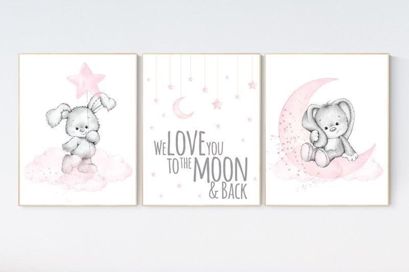 Nursery decor girl bunny, bunny print set, pink and gray nursery, rabbit nursery decor, girl nursery, bunny art, Bunny print nursery