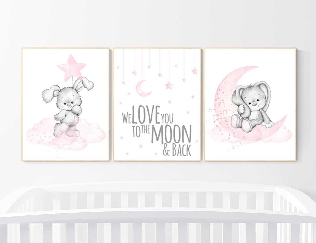 Nursery decor girl bunny, bunny print set, pink and gray nursery, rabbit nursery decor, girl nursery, bunny art, Bunny print nursery