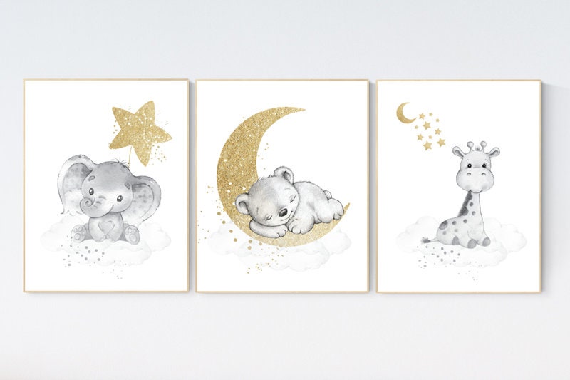 Animal nursery, gender neutral, grey gold, moon and stars, elephant and giraffe nursery, bear, baby bear, nursery decor twins, gray nursery