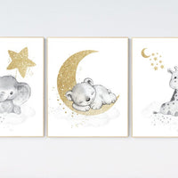 Animal nursery, gender neutral, grey gold, moon and stars, elephant and giraffe nursery, bear, baby bear, nursery decor twins, gray nursery