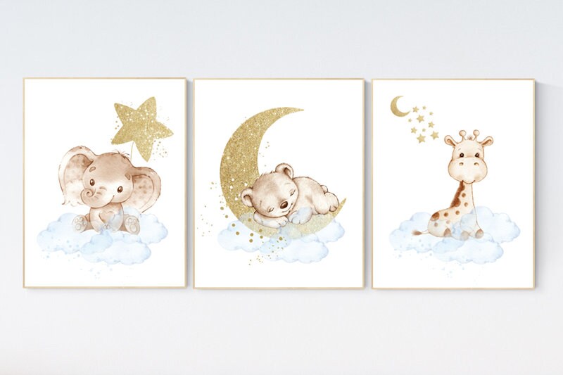 Nursery wall art animals, baby room decor blue gold, baby room decor bear, elephant, giraffe, animal nursery decor, nursery prints, boy room