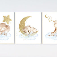 Nursery wall art animals, baby room decor blue gold, baby room decor bear, elephant, giraffe, animal nursery decor, nursery prints, boy room