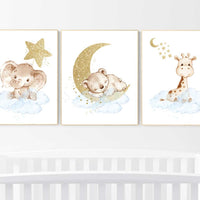 Nursery wall art animals, baby room decor blue gold, baby room decor bear, elephant, giraffe, animal nursery decor, nursery prints, boy room