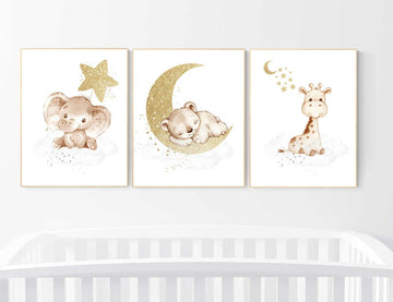 Animal nursery, gender neutral, grey gold, nursery prints, elephant and giraffe nursery, bear, baby bear, nursery decor twins, gray nursery