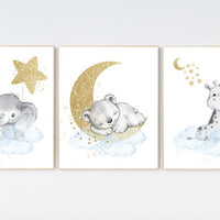 Nursery prints animals, baby room decor blue gold, baby room decor bear, elephant, giraffe, animal nursery decor, nursery prints, boy room