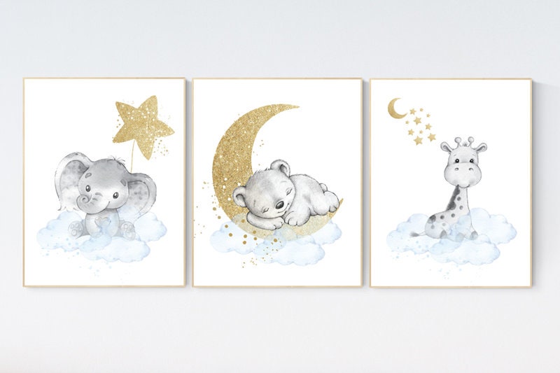 Nursery prints animals, baby room decor blue gold, baby room decor bear, elephant, giraffe, animal nursery decor, nursery prints, boy room