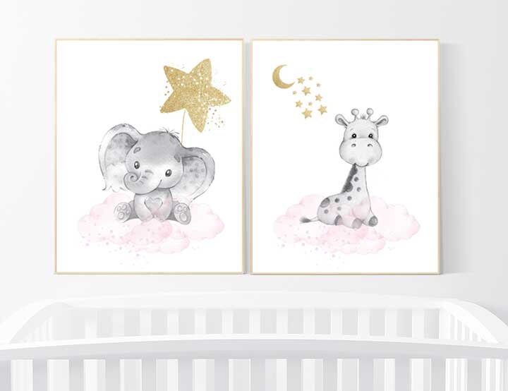 Animal nursery for girls, pink and gold, Nursery decor girl elephant, animal nursery, giraffe baby room, pink gold, moon and stars